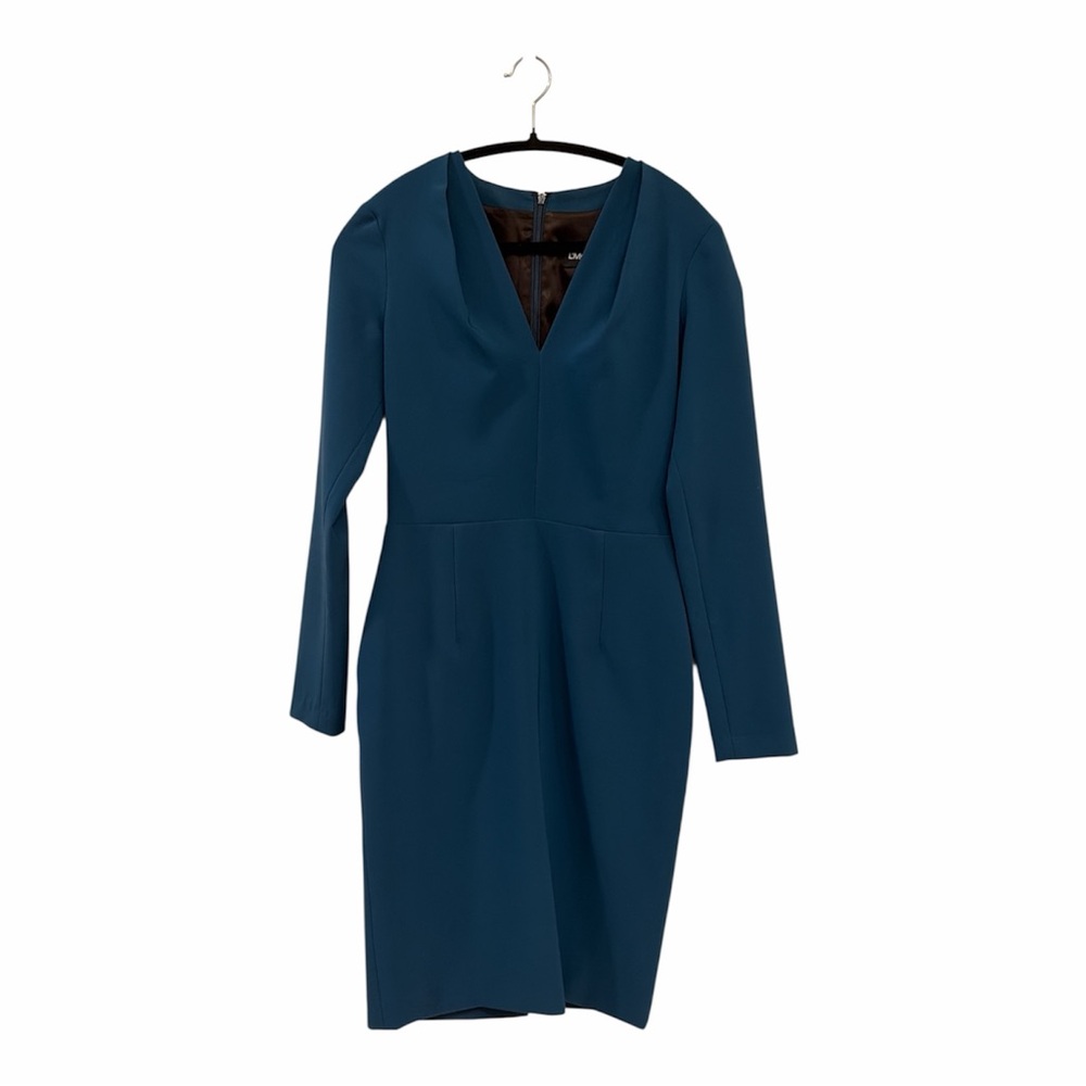 L’MOMO Peacock Blue Long Sleeve V-Neck Pencil Sheath Midi Dress Size 6